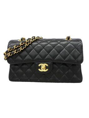 Chanel Shoulder Bag Quilted Caviar Leather Black Gold